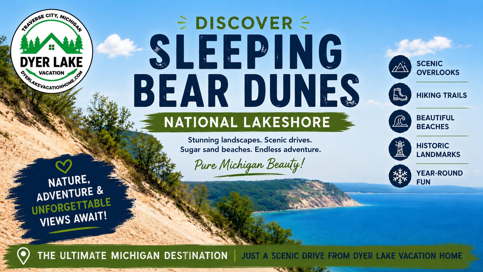 Discover Sleeping Bear Dunes National Lakeshore, scenic drives, beaches, hiking trails, and breathtaking Lake Michigan views.