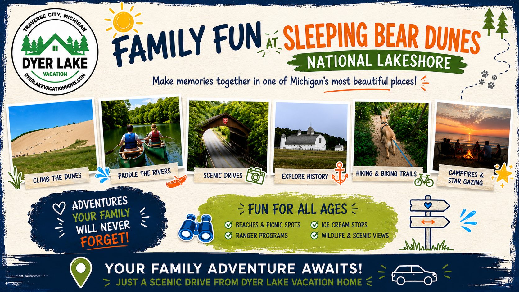 Discover family friendly things to do at Sleeping Bear Dunes including dune climbing, biking, kayaking, beaches, history, and stargazing.