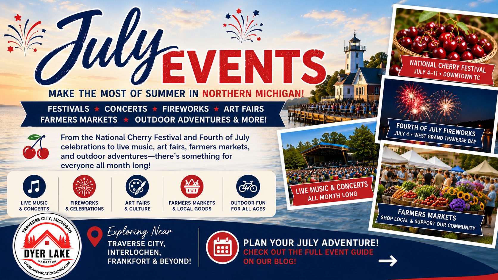 Discover the best July 2026 events near Traverse City, including the National Cherry Festival, concerts, fireworks, farmers markets, and family fun.