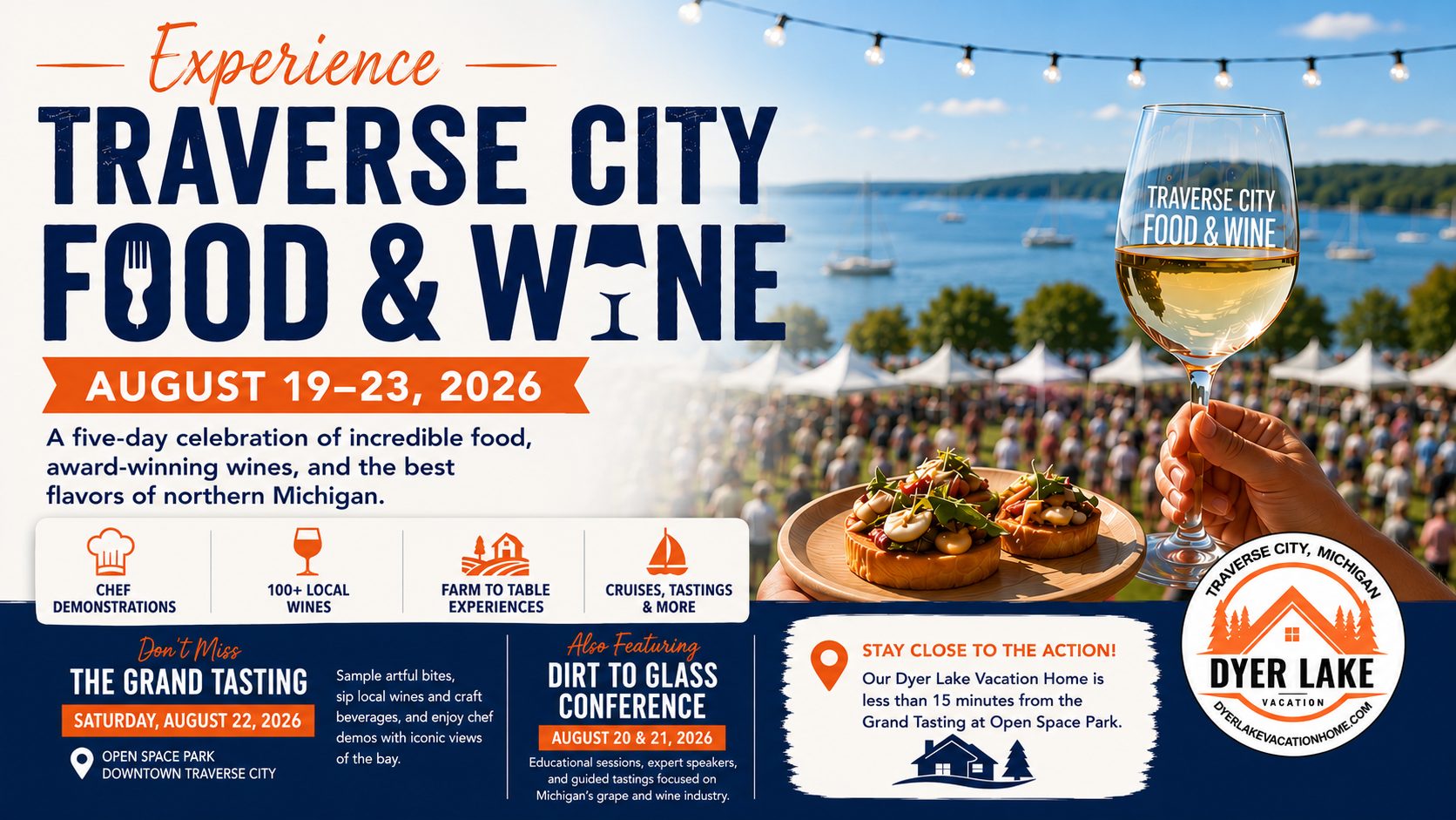 Experience Traverse City Food & Wine August 19 through 23, 2026, featuring the Grand Tasting, local wines, top chefs, and unforgettable flavors.
